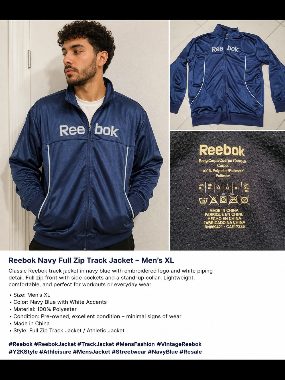 Reebok Navy Blue Y2K Track Jacket XL Full Zip Athleisure Streetwear